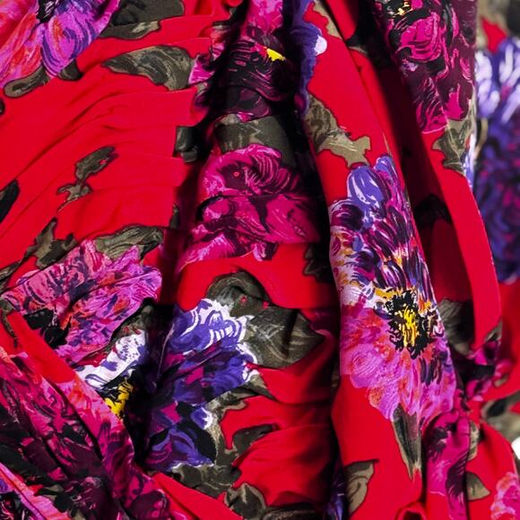 Liancarlo Ruched Cocktail Dress Womens 10 Red Floral Silk Puff Sleeve Elegant - Picture 3 of 16